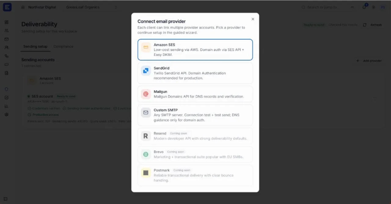 BYO SES, SendGrid, or Mailgun — clients keep their send bill